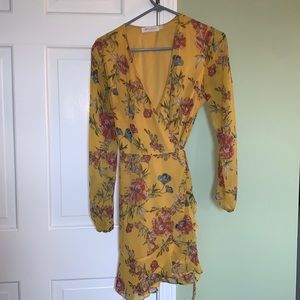 All in Favor Yellow Floral Wrap Dress